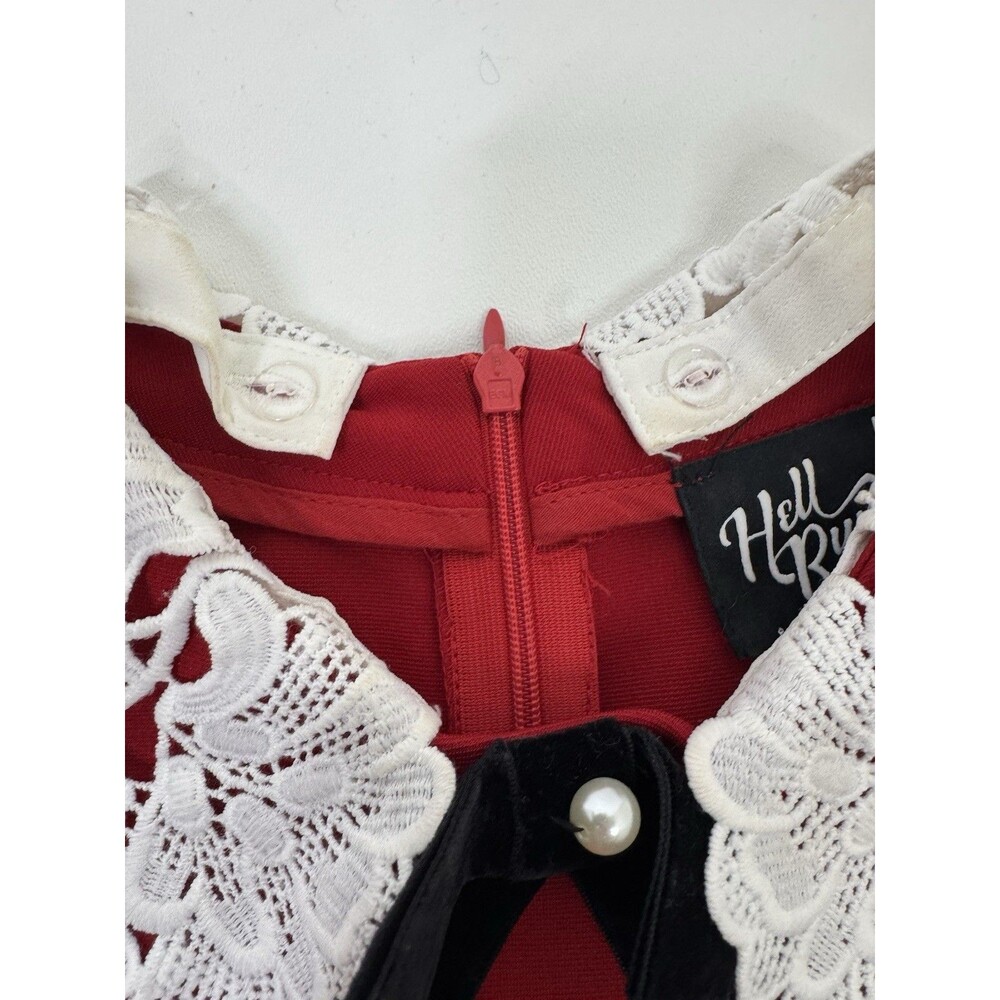 Hell Bunny Ricci Dress Deep Red Lace Collar Pin Up Rockabilly Red Large Goth Bow - Picture 11 of 16